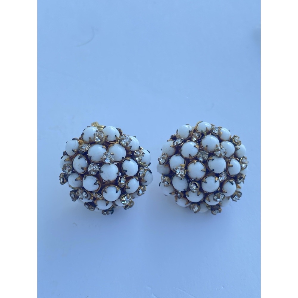 VTG Miriam Haskell White Milk Glass & Rhinestone Cluster Clip Earrings Signed